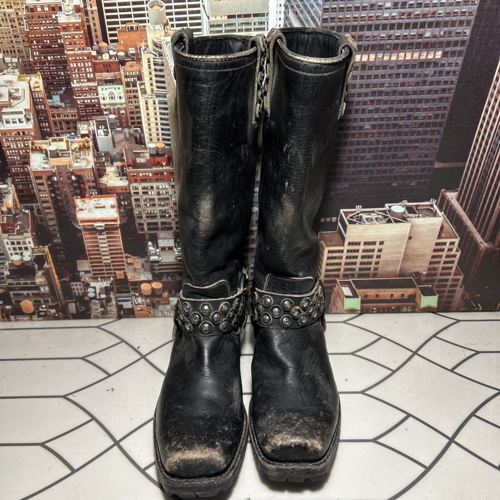 Frye Women's Studded Shaft Buckle Block Heel Moto Boots Black Leather Sz 6B